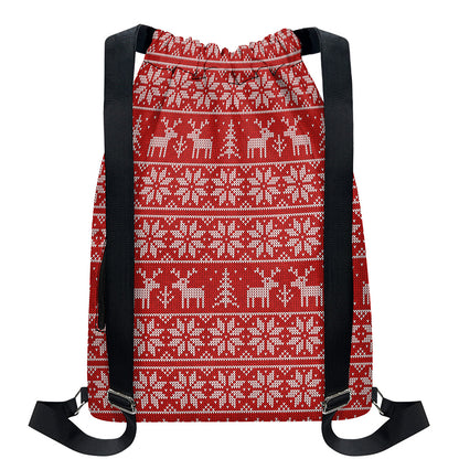 Christmas Deer Knitted Pattern Print Drawstring Backpack
