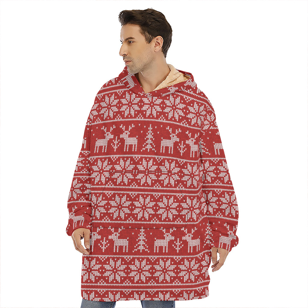 Christmas Deer Knitted Pattern Print Hoodie Blanket