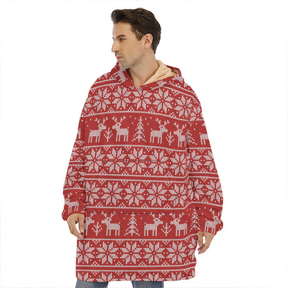 Christmas Deer Knitted Pattern Print Hoodie Blanket