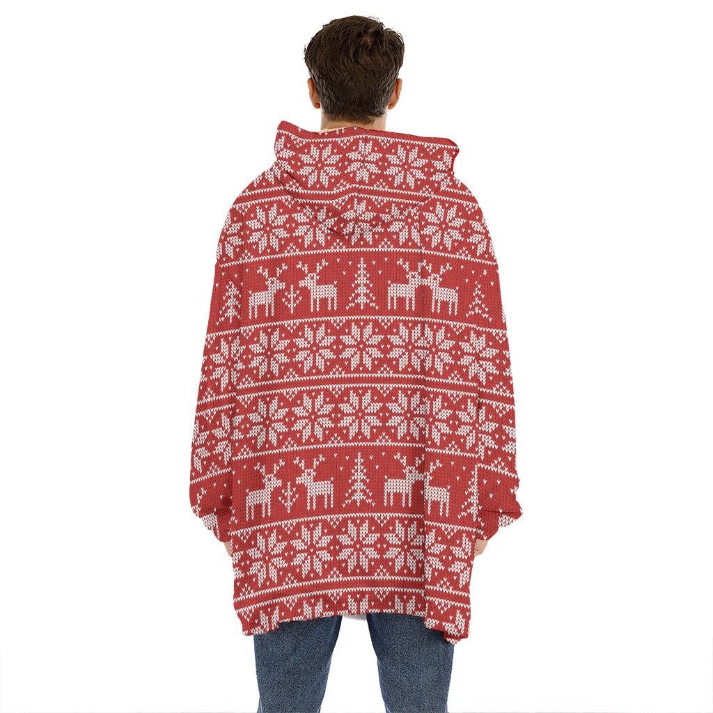 Christmas Deer Knitted Pattern Print Hoodie Blanket
