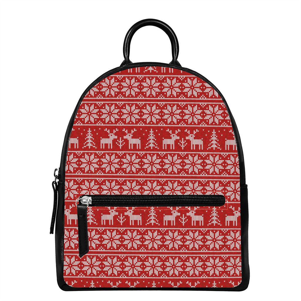 Christmas Deer Knitted Pattern Print Leather Backpack