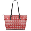 Christmas Deer Knitted Pattern Print Leather Tote Bag With Zipper