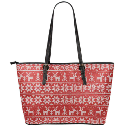 Christmas Deer Knitted Pattern Print Leather Tote Bag