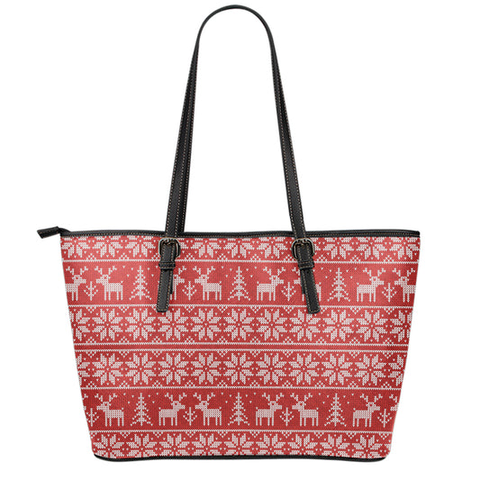 Christmas Deer Knitted Pattern Print Leather Tote Bag