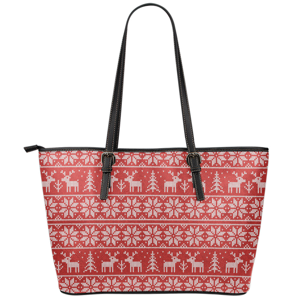 Christmas Deer Knitted Pattern Print Leather Tote Bag