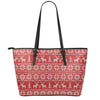 Christmas Deer Knitted Pattern Print Leather Tote Bag