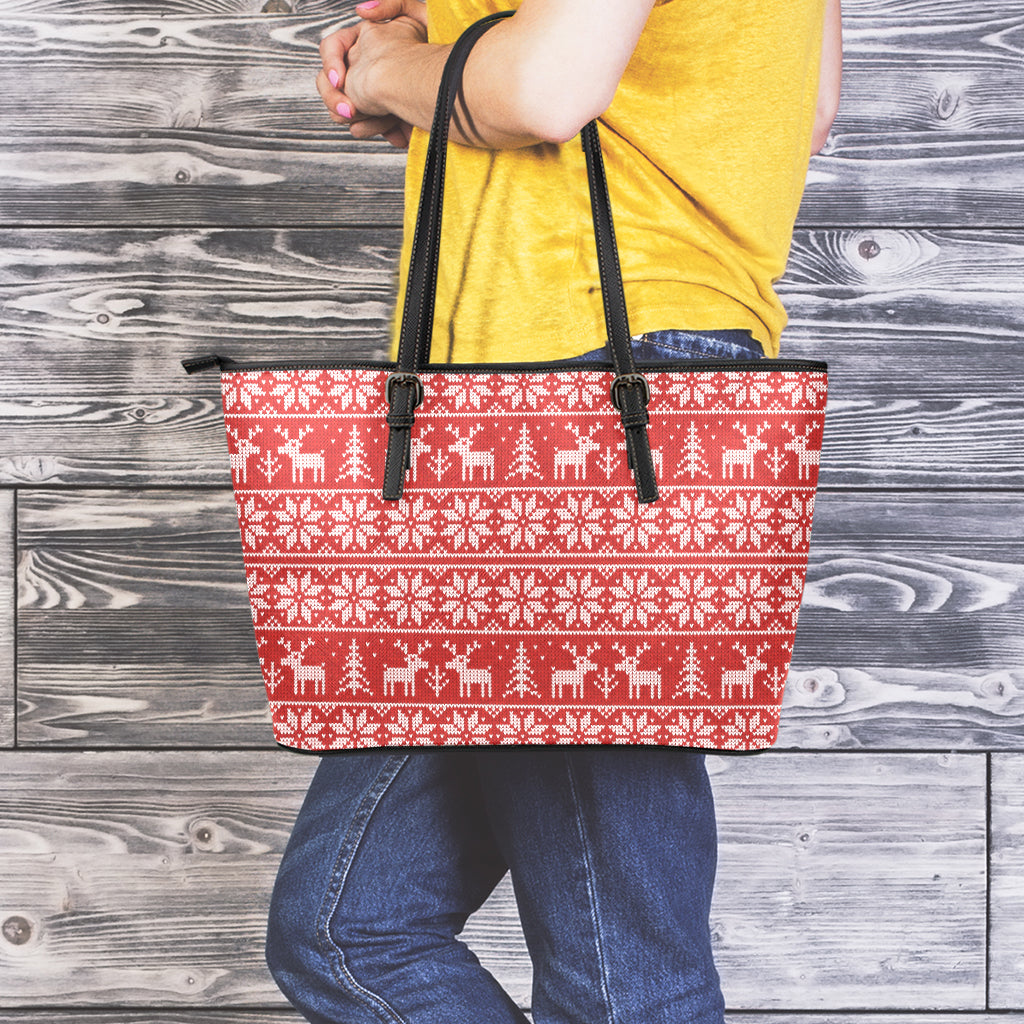 Christmas Deer Knitted Pattern Print Leather Tote Bag