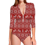 Christmas Deer Knitted Pattern Print Long Sleeve Swimsuit
