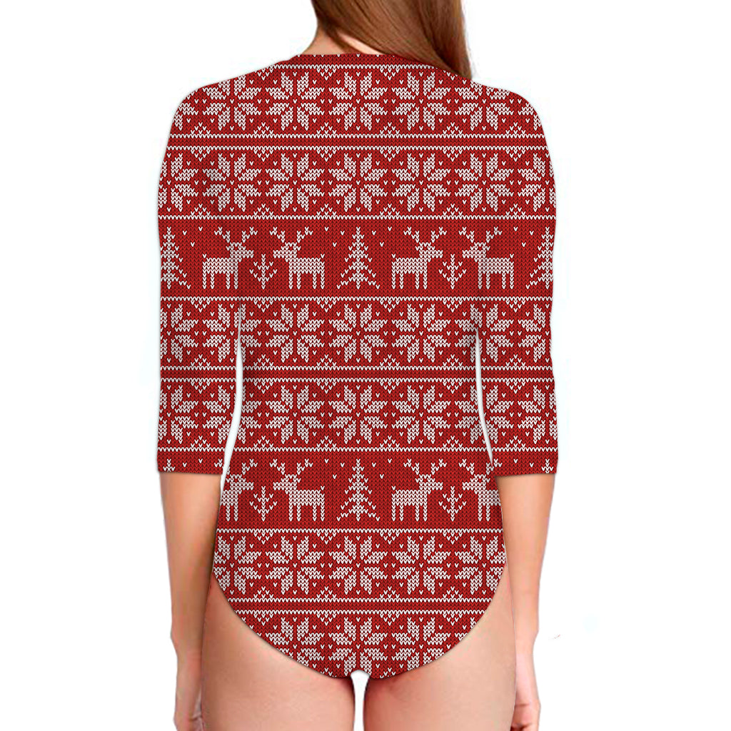 Christmas Deer Knitted Pattern Print Long Sleeve Swimsuit