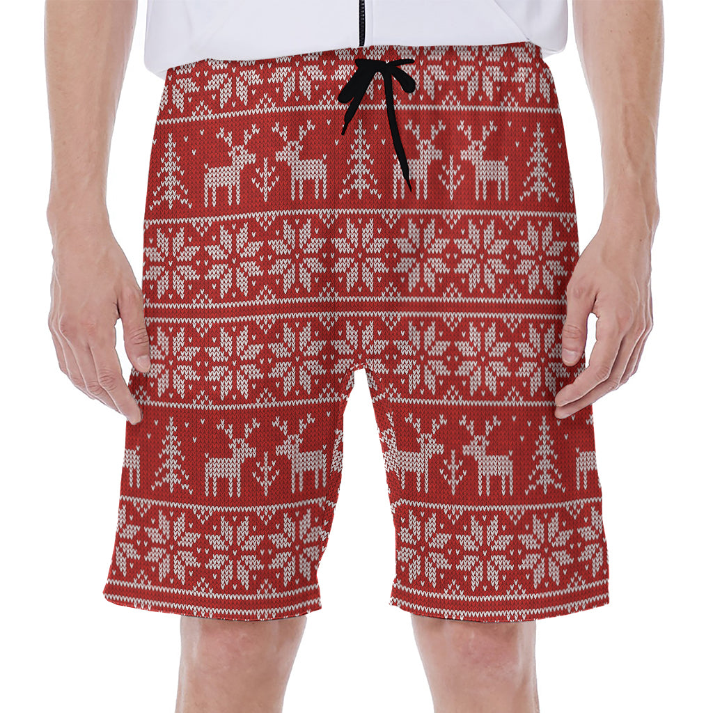 Christmas Deer Knitted Pattern Print Men's Beach Shorts