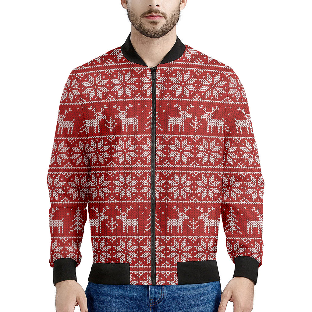 Christmas Deer Knitted Pattern Print Men's Bomber Jacket