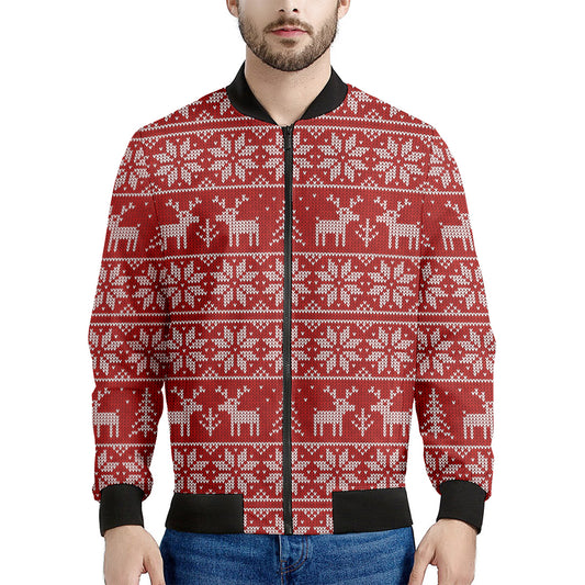 Christmas Deer Knitted Pattern Print Men's Bomber Jacket