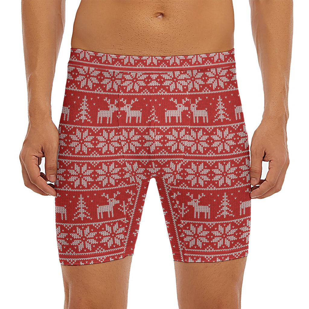 Christmas Deer Knitted Pattern Print Men's Long Boxer Briefs