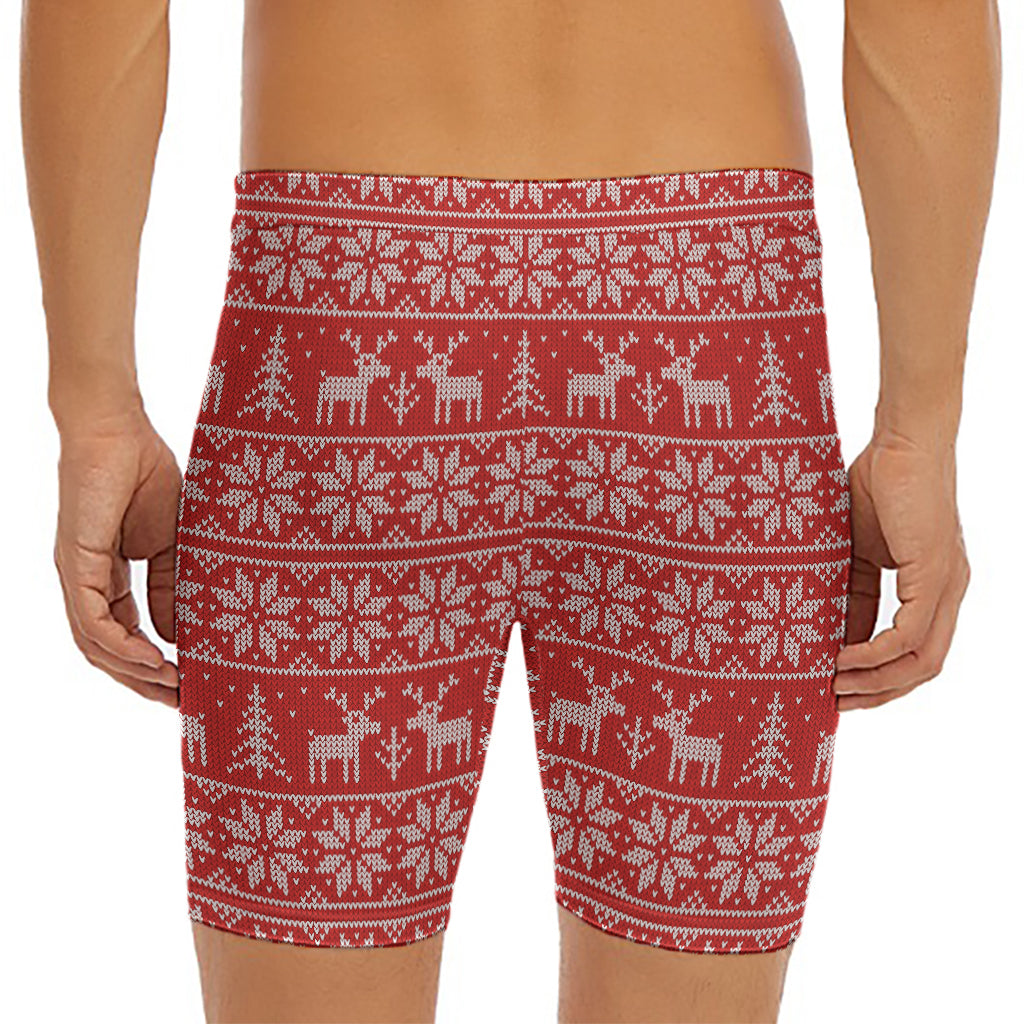 Christmas Deer Knitted Pattern Print Men's Long Boxer Briefs