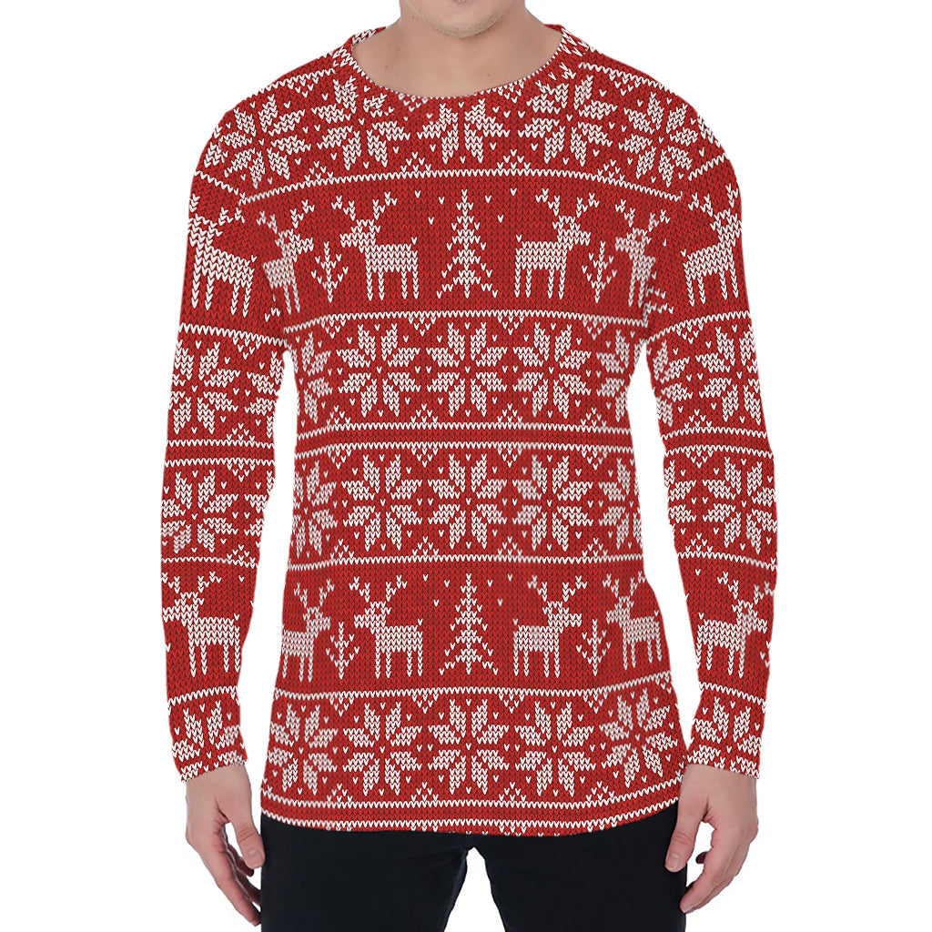 Christmas Deer Knitted Pattern Print Men's Long Sleeve T-Shirt