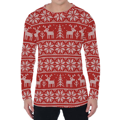 Christmas Deer Knitted Pattern Print Men's Long Sleeve T-Shirt
