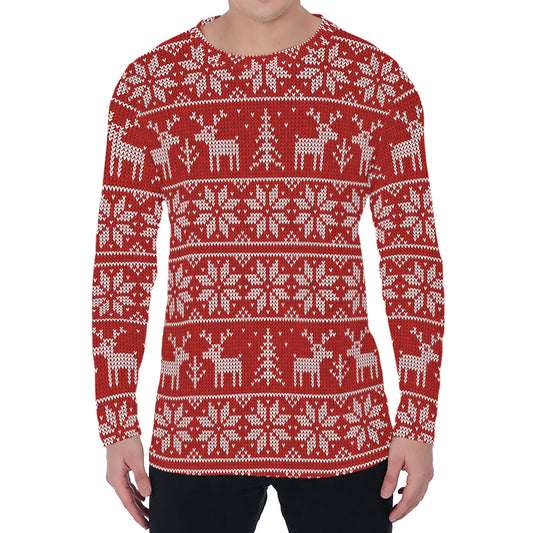 Christmas Deer Knitted Pattern Print Men's Long Sleeve T-Shirt