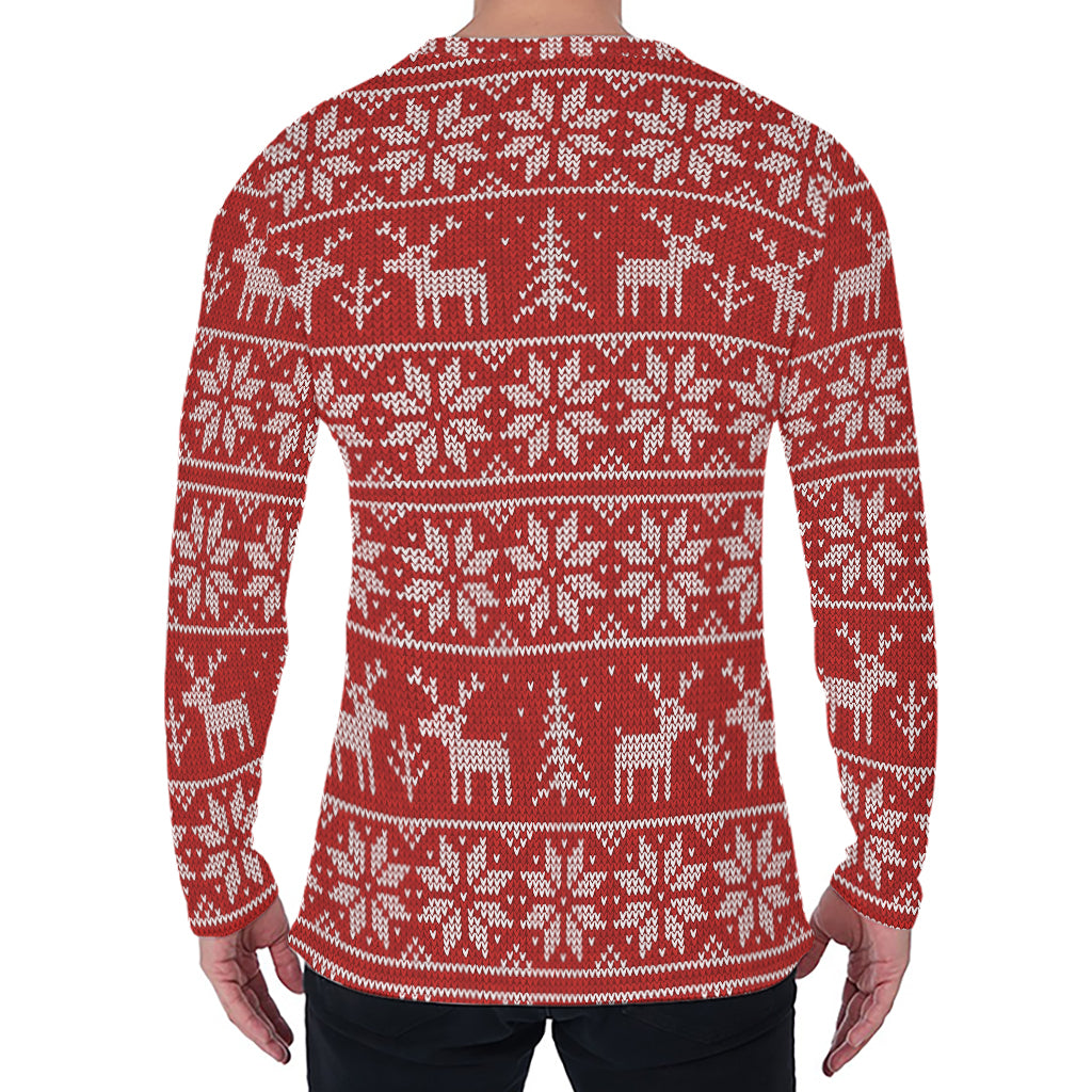 Christmas Deer Knitted Pattern Print Men's Long Sleeve T-Shirt