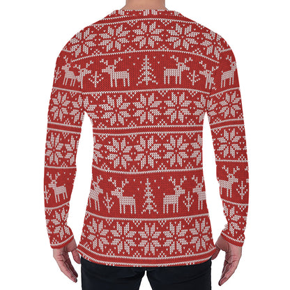 Christmas Deer Knitted Pattern Print Men's Long Sleeve T-Shirt