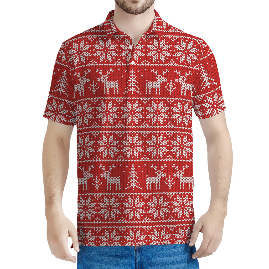 Christmas Deer Knitted Pattern Print Men's Polo Shirt