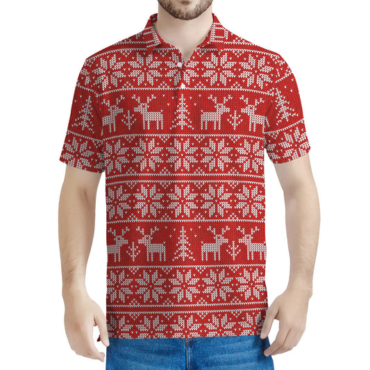 Christmas Deer Knitted Pattern Print Men's Polo Shirt