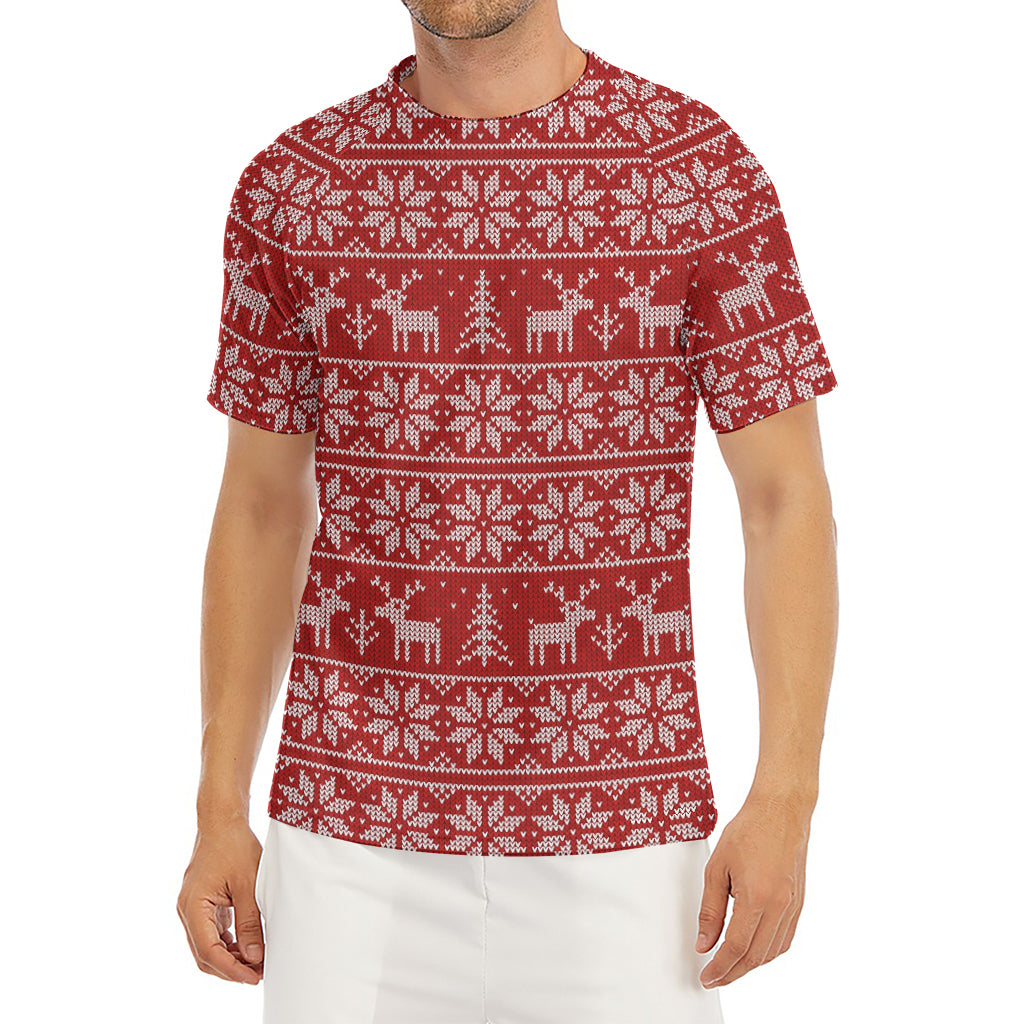 Christmas Deer Knitted Pattern Print Men's Short Sleeve Rash Guard