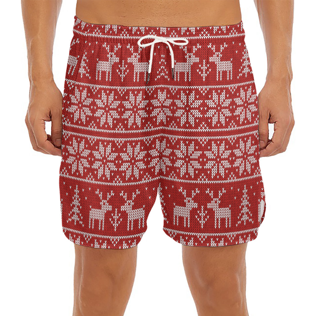 Christmas Deer Knitted Pattern Print Men's Split Running Shorts