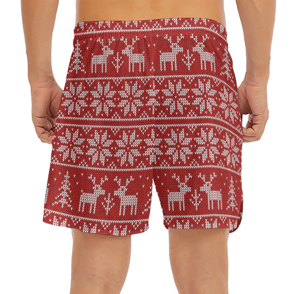 Christmas Deer Knitted Pattern Print Men's Split Running Shorts