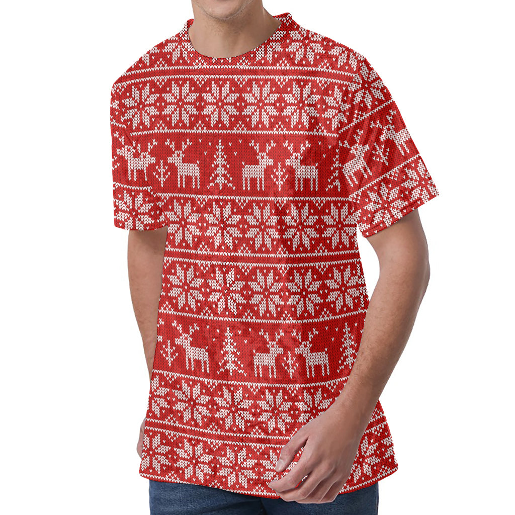 Christmas Deer Knitted Pattern Print Men's Velvet T-Shirt