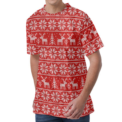 Christmas Deer Knitted Pattern Print Men's Velvet T-Shirt