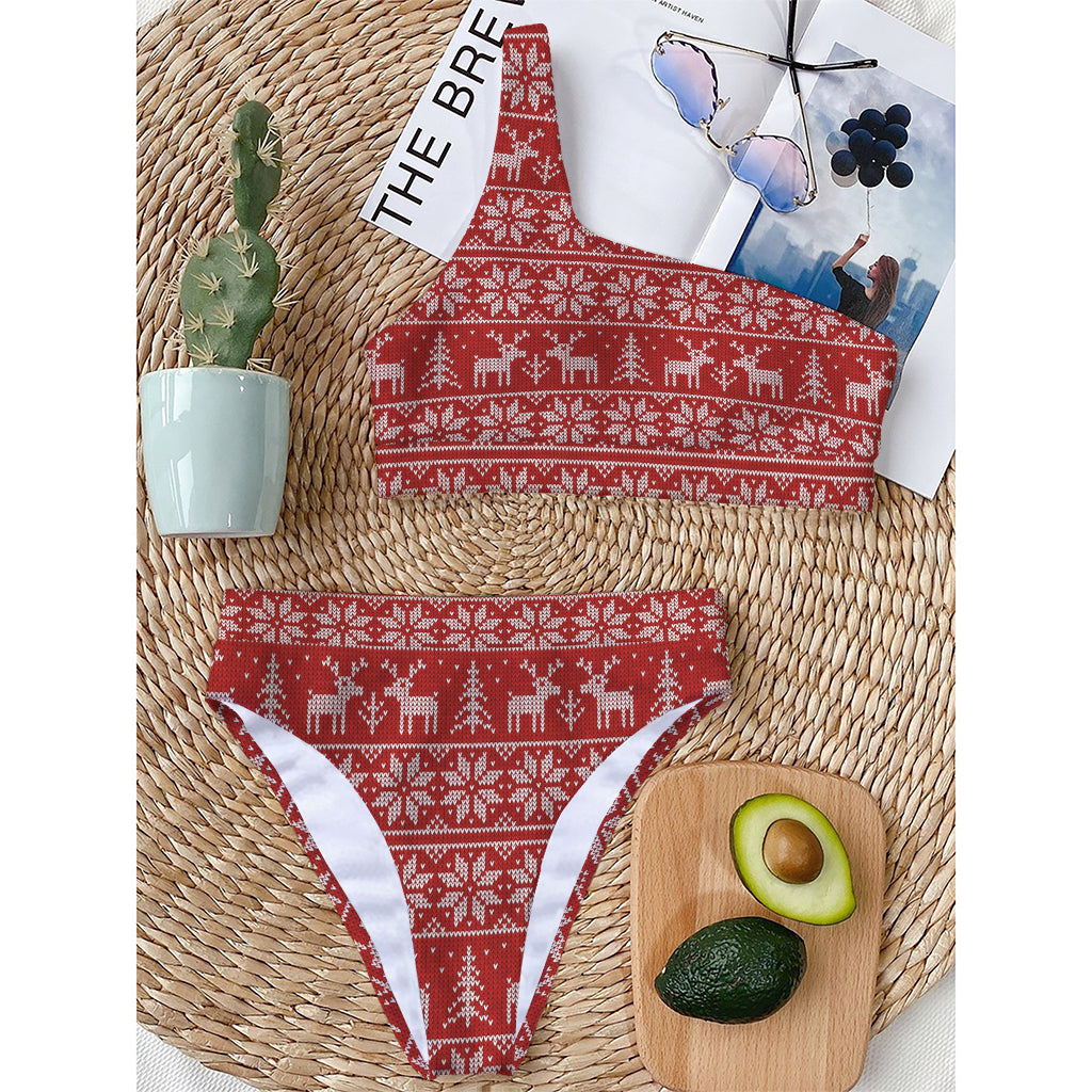 Christmas Deer Knitted Pattern Print One Shoulder Bikini Top