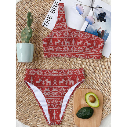 Christmas Deer Knitted Pattern Print One Shoulder Bikini Top