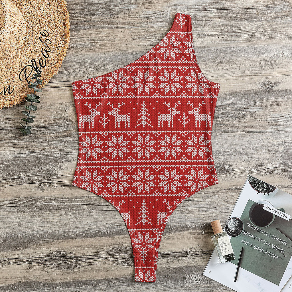 Christmas Deer Knitted Pattern Print One Shoulder Bodysuit