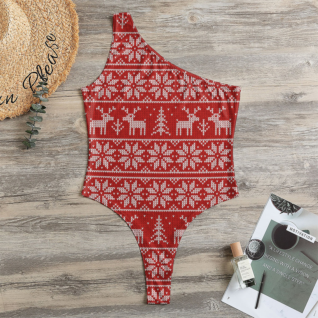 Christmas Deer Knitted Pattern Print One Shoulder Bodysuit