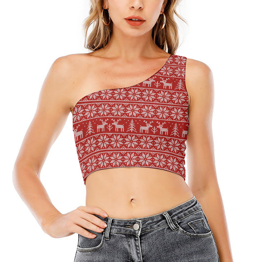Christmas Deer Knitted Pattern Print One Shoulder Crop Top