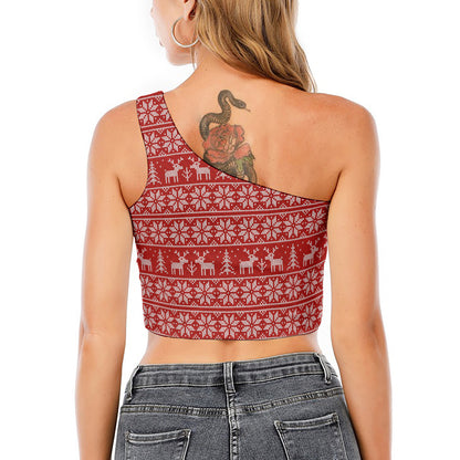 Christmas Deer Knitted Pattern Print One Shoulder Crop Top
