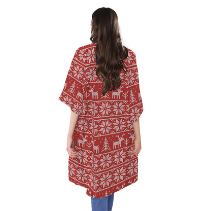 Christmas Deer Knitted Pattern Print Open Front Beach Cover Up