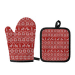 Christmas Deer Knitted Pattern Print Oven Mitt And Pot Holder Set