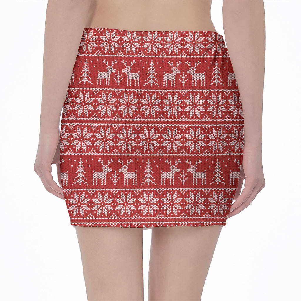 Christmas Deer Knitted Pattern Print Pencil Mini Skirt