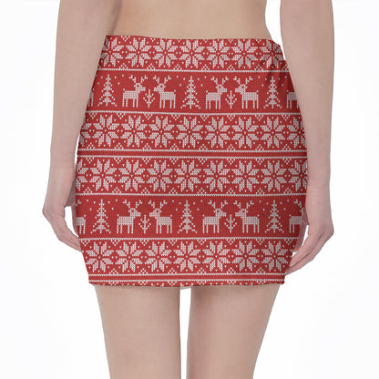Christmas Deer Knitted Pattern Print Pencil Mini Skirt