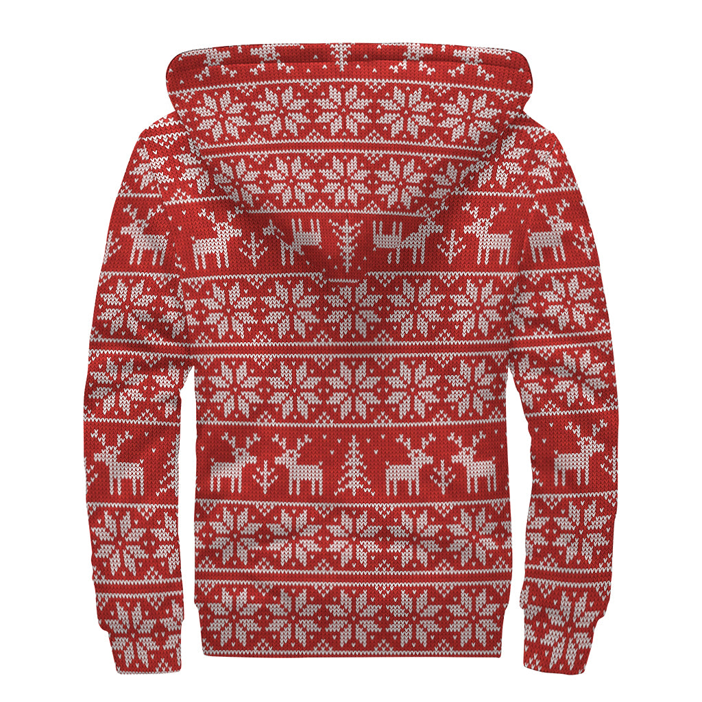 Christmas Deer Knitted Pattern Print Sherpa Lined Zip Up Hoodie