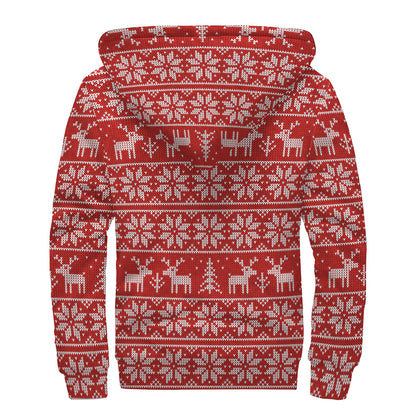 Christmas Deer Knitted Pattern Print Sherpa Lined Zip Up Hoodie