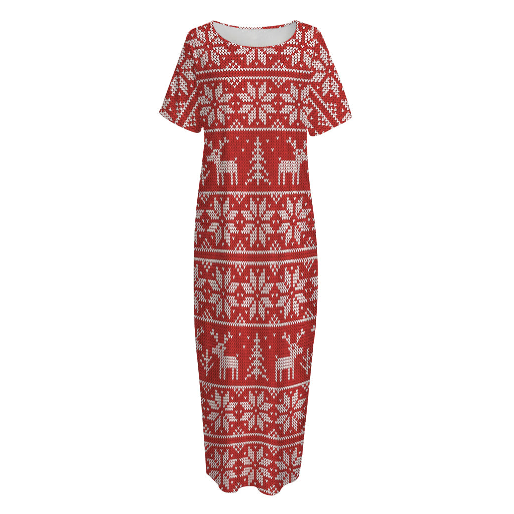 Christmas Deer Knitted Pattern Print Short Sleeve Long Nightdress