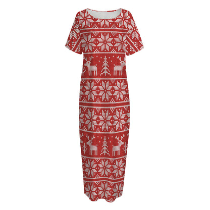 Christmas Deer Knitted Pattern Print Short Sleeve Long Nightdress