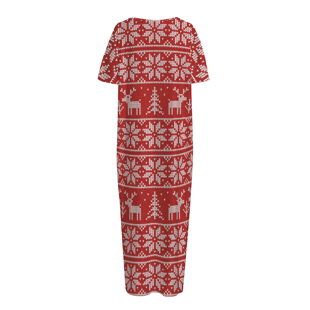 Christmas Deer Knitted Pattern Print Short Sleeve Long Nightdress