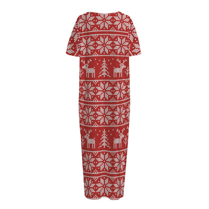 Christmas Deer Knitted Pattern Print Short Sleeve Long Nightdress