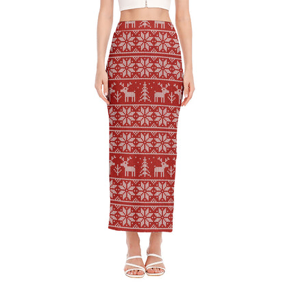 Christmas Deer Knitted Pattern Print Side Slit Maxi Skirt