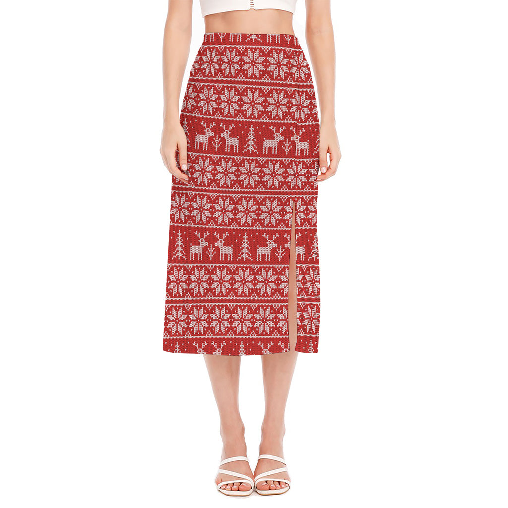 Christmas Deer Knitted Pattern Print Side Slit Midi Skirt