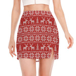 Christmas Deer Knitted Pattern Print Side Slit Mini Skirt