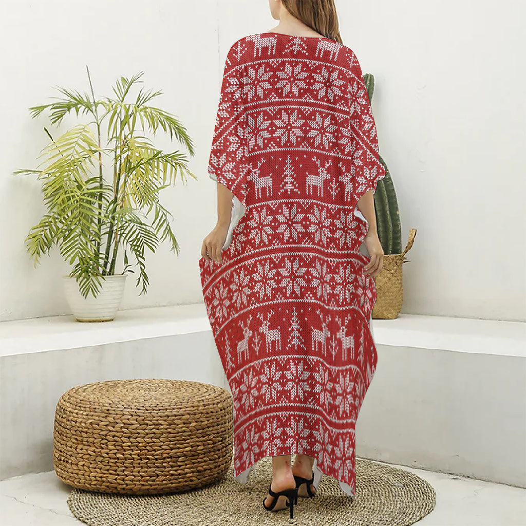 Christmas Deer Knitted Pattern Print Silk V-Neck Kaftan Dress